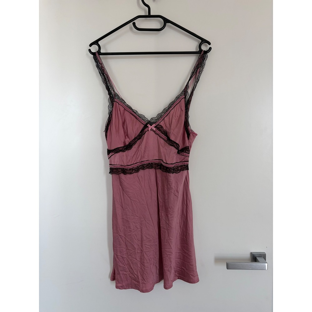 Pinko Y2K 100% Silk Babydoll Slip Dress Pink Black Lace Trim Made in Italy Sz 6